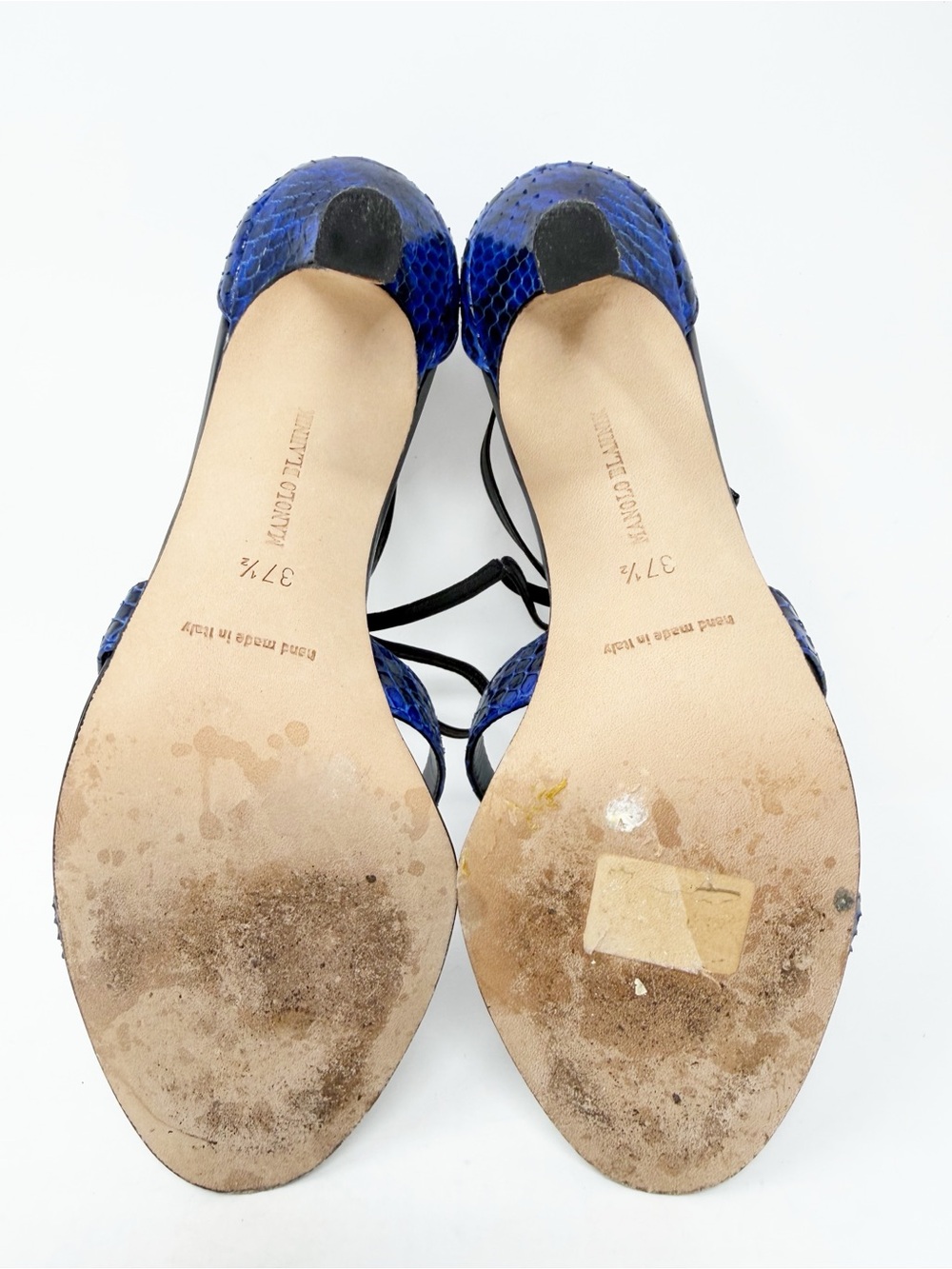 Manolo Blahnik Blue Python Strappy Tie Sandal Heels Womens Size EU 37.5 - Picture 10 of 11